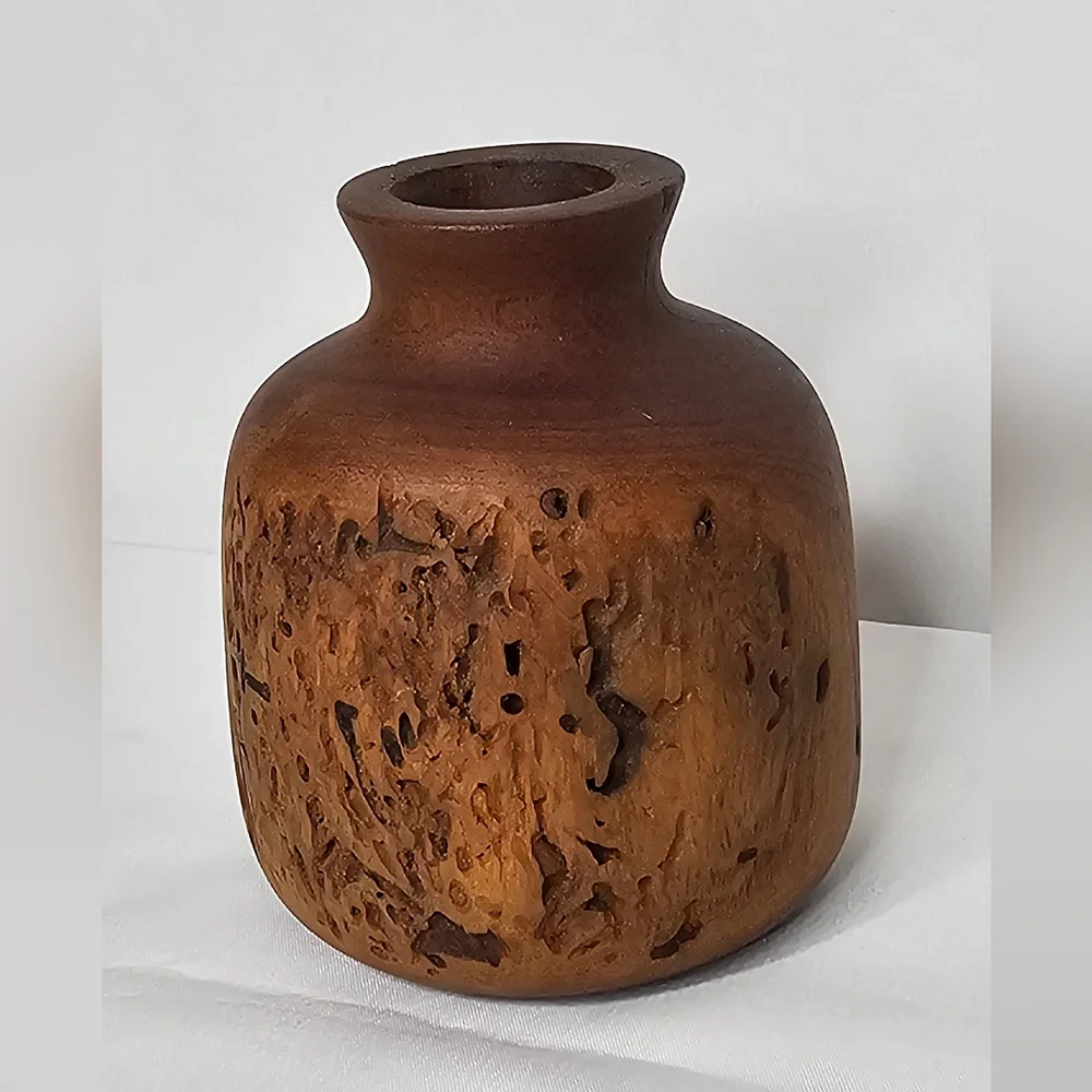 Artisan Carved Burl Wood Bud Vase Vintage Rustic Decor Natural Wood Grain Textur